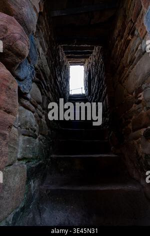 Dunkle Steintreppe in den Ruinen von Ewloe Castle Stockfoto