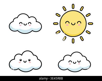 Sonne und Wolken Gesichter gesetzt mit glücklichen lächelnden Ausdrücken flachen Vektor-Illustration Design Stock Vektor