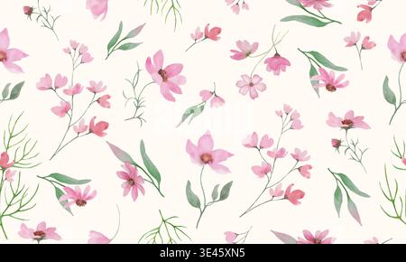 Nahtloses Aquarellmuster mit rosafarbenen Kosmos-Blüten und zarten grünen Blättern. Hand gezeichneter floraler Hintergrund mit Wildblüten auf elfenbeinfarbenem Hintergrund. Stockfoto