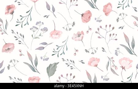 Nahtloses Aquarellmuster mit gedämpften rosafarbenen Blumen, Mohnblumen und zarten Zweigen. Handgezeichneter botanischer Hintergrund mit staubigen Rosenblüten. Stockfoto