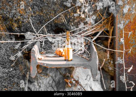 Kleine orange Flasche auf rostigem Eisen Strahl in die Felsen Stockfoto