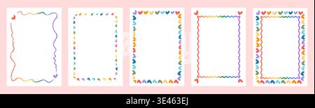 Regenbogenherzrahmen-Set mit Retro-Doodle-Borten. Farbenfrohe, handgezeichnete Wellenlinien und Herzsymbole mit Kopierraum. Lustige, skurrile Vorlagen für Stolz Stock Vektor