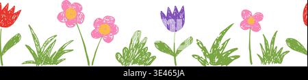 Kindliche Kinder zeichnen Blumenränder mit Gras, Blumenkreide oder Kreide. Frühlingssommerpflanzen, nahtloses Wiesenschmuck. Vektorabbildung Stock Vektor
