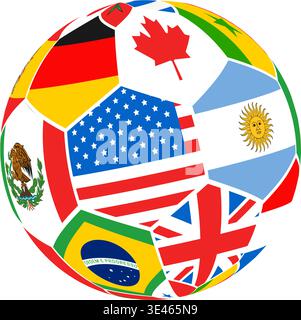 Symbol für Fußball 2026. Farbenfroher Fußball mit internationalen Fahnen. Grafikelement für Weltmeisterschaft 26. Stock Vektor