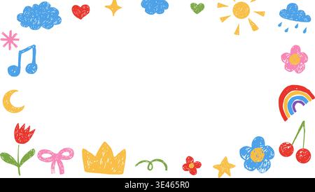 Kindergarten-Randbox für Rahmenkreide Pastellfarben und Kinderstift-Doodle. Kindliche Zeichnungen auf Papier, Schulkritzel. Kinder Grenzen mit Regenbogen, Wolken, Blumen, Sternen und Herz. Vektorabbildung Stock Vektor