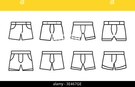 Verschiedene Styles von Herrenshorts in minimalistischer Liniengrafik Stock Vektor