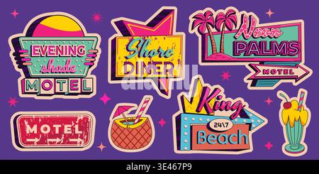 Vintage Neonbar und Motelschilder mit Retro-Pfeilen und leuchtenden Lichtern. Vektor-Karikaturillustration der klassischen amerikanischen Straßenschilder Set, lebhaftes nostalgisches Strandhotel, Diner-Schildersammlung Stock Vektor