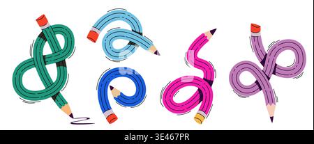 Niedliche verdrehte Schulstifte, Vektorsatz von Illustrationen isoliert auf weißem Hintergrund. Bunte flexible Schreibwaren-Ikonen mit Kurvenformen für Bildungsprojekte für Kinder, Comic-Art-Design-Elemente Stock Vektor