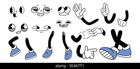 Groovige Retro-Maskottchen-Design-Elemente isoliert auf weißem Hintergrund. Vektor-Cartoon-Illustration des niedlichen Charakters Gesicht, Hände und Beine, Mund, der verschiedene Emotionen zeigt, Emoji gehen und winken Stock Vektor
