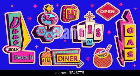 Vintage Neonbars und Tankstellenschilder mit Retro-Pfeilen und leuchtenden Lichtern. Vektor-Zeichentrickillustration der klassischen amerikanischen Straßenschilder, lebhaftes nostalgisches Hotel, Diner-Schildersammlung Stock Vektor