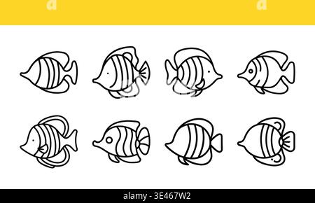 Die Ikonenkollektion der Fischlinie mit minimalen Umrissvarianten. Stock Vektor