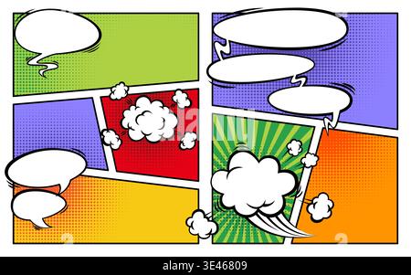 Farb-Comic-Seitenlayout mit Boom und Sprachwolken. Vektor-Cartoon-Illustration des Manga-Halbtonhintergrunds mit abstrakten Dialogboxen und Explosionseffekten, dynamischer Anime-Geschichtenbuch-Hintergrund Stock Vektor
