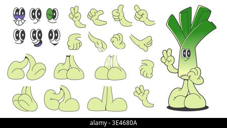 Lauch-Charakter mit Designelementen isoliert auf weißem Hintergrund. Vektor-Karikaturillustration des lustigen Kawaii-Gesichts mit lächelndem Mund und Augen, Handzeichen und Gehbeine, verspielte Gemüsesymbol Stock Vektor