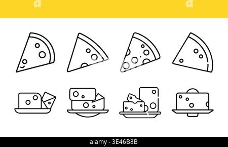 Strichgrafik-Illustrationen von Pizzascheiben und Käseblöcken Stock Vektor