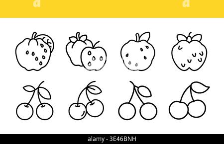 Erdbeeren- und Kirschsymbole in Schwarz und weiß auf gelbem Hintergrund. Stock Vektor