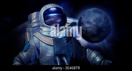 Astronaut trägt Spezialanzug gegen Himmelskörper im Weltraum Stockfoto