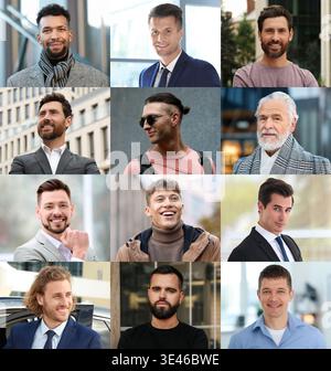 Große Sammlung männlicher Porträts. Männer unterschiedlichen Alters Stockfoto