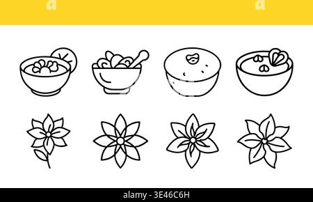 Schüssel- und Blumensymbole in Schwarz und weiß auf gelbem Hintergrund Stock Vektor