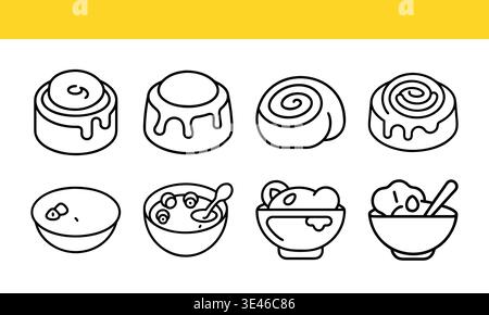 Dessert- und Schüssel-Symbole in Schwarz und weiß auf gelbem Hintergrund. Stock Vektor