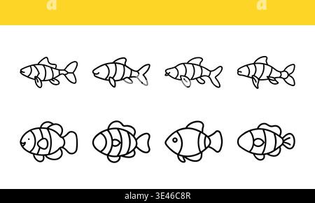 Linienzeichnung von Fischsymbolen, minimalistische Illustrationen von Wassertieren Stock Vektor