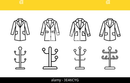 Coat and Coat Rack Line Icons Set, Outline Vector Collection für Kleidung und Heimaufbewahrung Stock Vektor
