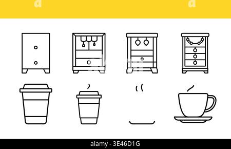 Möbel und Coffee Cup Line Icons Set, Wohnkultur und Getränke Outline Vector Collection Stock Vektor