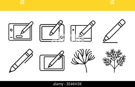 Digitales Tablet mit Stylus- und Pflanzlinien-Symbolen, Creative Tool und Nature Outline Vector Collection Stock Vektor