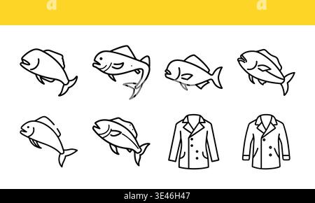 Skurrile Illustration von Fischen und Kleidungsstücken, die Wassertieren ähneln, isoliert auf transparentem Hintergrund Stock Vektor