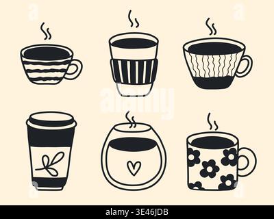 Handgezeichneter Tintensatz Kaffeetassen. Becher, Glas, Einwegbecher, Kaffee zum Mitnehmen, Getränk zum Mitnehmen, Doodle-STYLE. Vektorelemente Stock Vektor