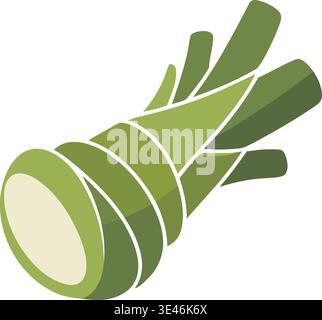 Flache Illustration einer frischen grünen Frühlingszwiebel mit mehrschichtigen grünen Stielen und einer ordentlich geschnittenen weißen Basis. Stock Vektor