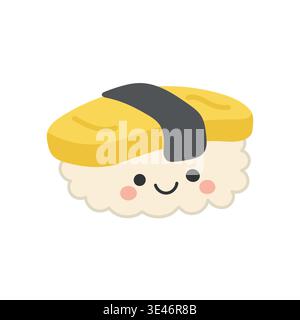 Food Cartoon japan mit Illustration Vektor Tamago Sushi und Design Icon Reis. Japanisches asiatisches Ei mit Restaurant-Kunst, grafischer Fisch isoliert Stock Vektor