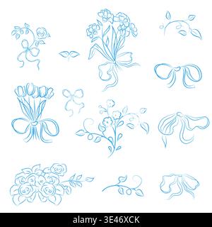 Blumen und Zweige, Strichkunst, handgezeichnet. Vektorabbildung. Sammlung von Frühlingspflanzen mit Blütenblättern und Blättern, Sträuße und Blumen, isoliert auf Stock Vektor