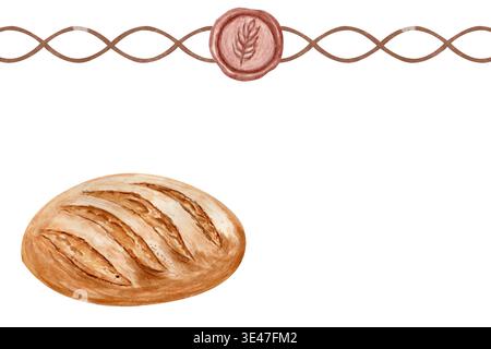 Bäckerei Branding Aquarellkomposition, handwerkliches Brotbrot, nahtloser Rand, Wachssiegel mit Weizensymbol. Handgemalte rustikale Vorlage für Verpackung Stockfoto