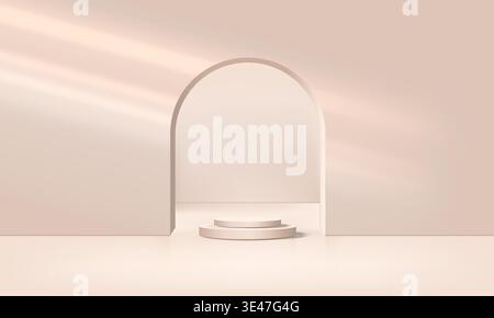 3D-Raumbogenpodium für Präsentationen, beige Wandstudio-Hintergrund, helles beigefarbenes Rundbühnenmockup mit Schatten und hellen Highlights Stock Vektor