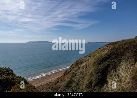Blick über die Isle of Portland, vom Küstenpfad in der Nähe der Osmington Bay Stockfoto