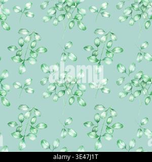 Moringa-Blattmuster in Grüntönen auf weichem Hintergrund als Aquarell Clipart nahtloses Muster, handgezeichnetes botanisches Design. Geeignet für Textilien, Geschenkpapier, Branding und umweltfreundliche Produktverpackungen Stockfoto