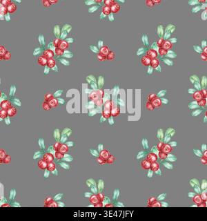 Rote Preiselbeeren mit grünen Blättern auf kühlem grauen Hintergrund als Aquarellillustration, handgezeichnetes nahtloses Muster. Perfekt für Verpackungen, Stoffdesign, Scrapbook-Papier, Schreibwaren und Oberflächenmuster Stockfoto