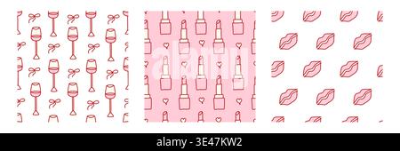 Coquette-Band und Schleife mit Weingläsern, Lippen und Lippenstiften. Vektorgrafik für Partyeinladungen, Valentinskarten, mädchenhafte ästhetische Designs, feminine Festmotive. Stock Vektor