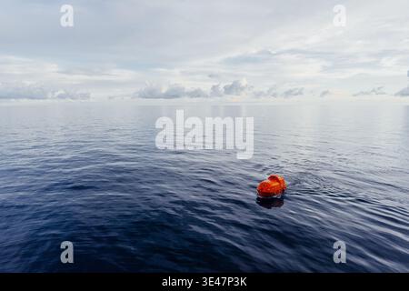 Orange umschlossenes Rettungsboot, das inmitten eines riesigen blauen Ozeans unter einem bewölkten Himmel schwimmt Stockfoto