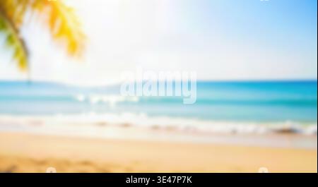 Sommer Urlaub Reisekonzept verschwommener tropischer Strand Hintergrund heraus Fokus Palme hinterlässt hellen Sonnenschein heißen Sand klares blaues Meer Wasser Urlaub Para Stockfoto
