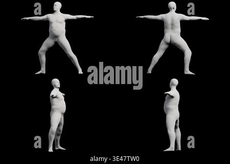 3D Fat man stehend 4-View Matt Schwarz Schwarz Stockfoto