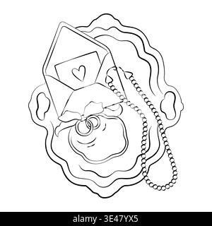 Handgezeichnete Elemente und Accessoires zur Hochzeitsdekoration, Trauringe und Rokoko-Tablett, Liebesbrief und Perlenkette im Line Art Stil Stock Vektor