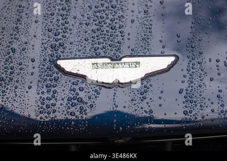 LONDON - 2. FEBRUAR 2026: Nahaufnahme des Aston Martin Wings Logos auf der Motorhaube des nassen Autos mit Regentropfen Stockfoto