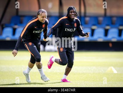 ZEIST - Xavi Simons und Jeremie Frimpong während eines Trainings der niederländischen Nationalmannschaft in der Woche vor dem Freundschaftsspiel gegen Norwegen. ROBIN VAN LONKHUIJSEN / ANP Stockfoto
