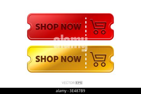 Hochglanzrot und Gold Shoppen Sie jetzt Tasten mit Warenkorbsymbolen für E-Commerce-Design und Werbeaktionen. Vektorabbildung. Stock Vektor