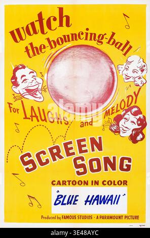 Dieses lebhafte Vintage-Poster aus dem Jahr 1948 wirbt für „Screen Song“-Cartoons mit dem animierten Kurzfilm „Blue Hawaii“. Das Design umfasst Karikaturen singender Gesichter, die einen großen hüpfenden Ball umgeben und das Publikum dazu einladen, „Laughter and Melody“ mitzumachen. Stockfoto