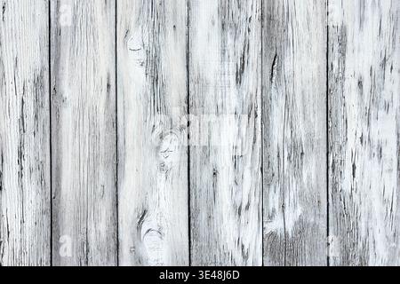 Rustikale Textur verwitterter lackierter Holzbretter. Alte knotige, rissige Holzoberfläche Hintergrund hellgrau Stockfoto