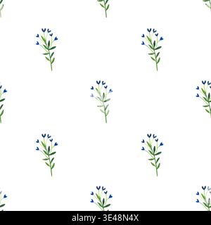 Nahtloses Muster mit Aquarellillustrationen von sommerblauen Wildblumen. Handgezeichnetes botanisches Design für Einladungen oder Grußkarten. Stockfoto