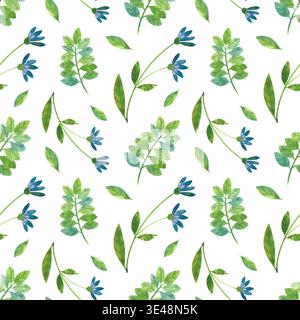 Nahtloses Aquarellmuster mit grünen Blättern und Blumen. Handgezeichnetes botanisches Design für Einladungen oder Grußkarten. Stockfoto