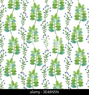 Nahtloses Aquarellmuster mit grünen Blättern, Zweigen und Blumen. Handgezeichnetes botanisches Design für Einladungen oder Grußkarten. Stockfoto